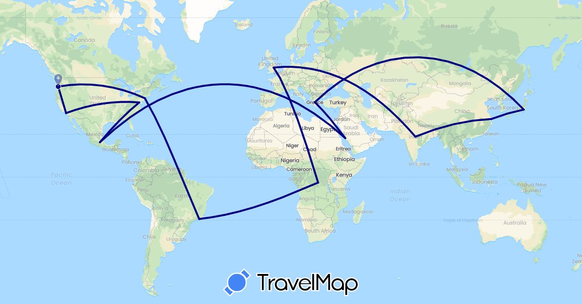 TravelMap itinerary: driving in Brazil, Democratic Republic of the Congo, China, France, United Kingdom, Greece, India, Japan, Mexico, Saudi Arabia, United States (Africa, Asia, Europe, North America, South America)